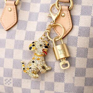 Authentic Louis Vuitton Gold Padlock & Key w/Unbranded Rhinestone Dog Keychain